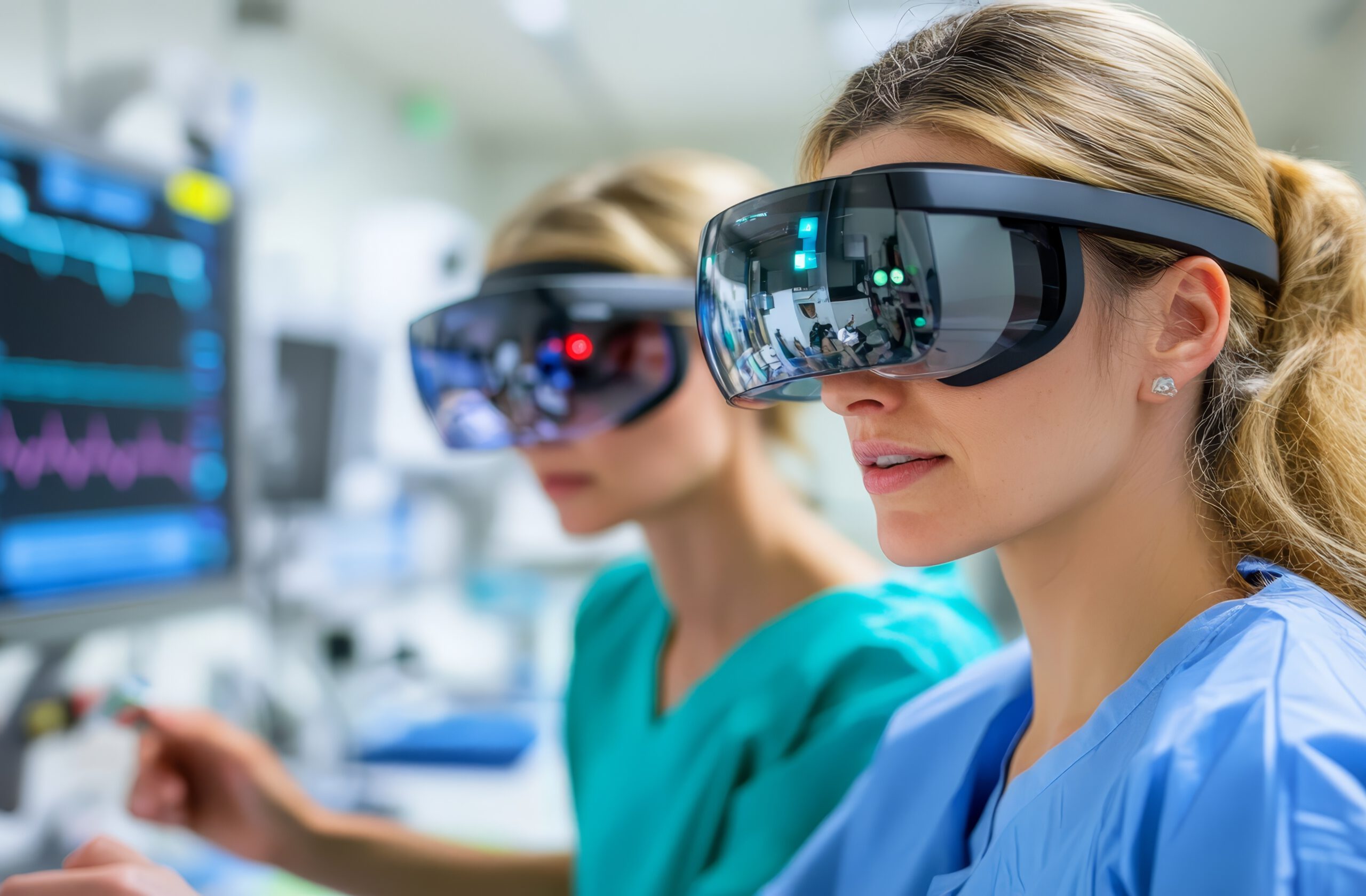 Medical Professionals Wearing Virtual Reality Glasses in a Hospital Setting